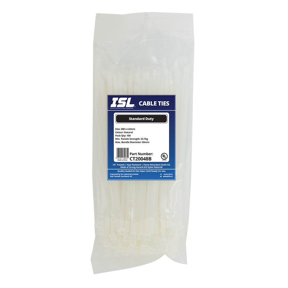 ISL 200 x 4.8mm Nylon Cable Tie - Nat. - 100pk 1 ISL 200 x 4.8mm Nylon Cable Tie - Nat. - 100pk
