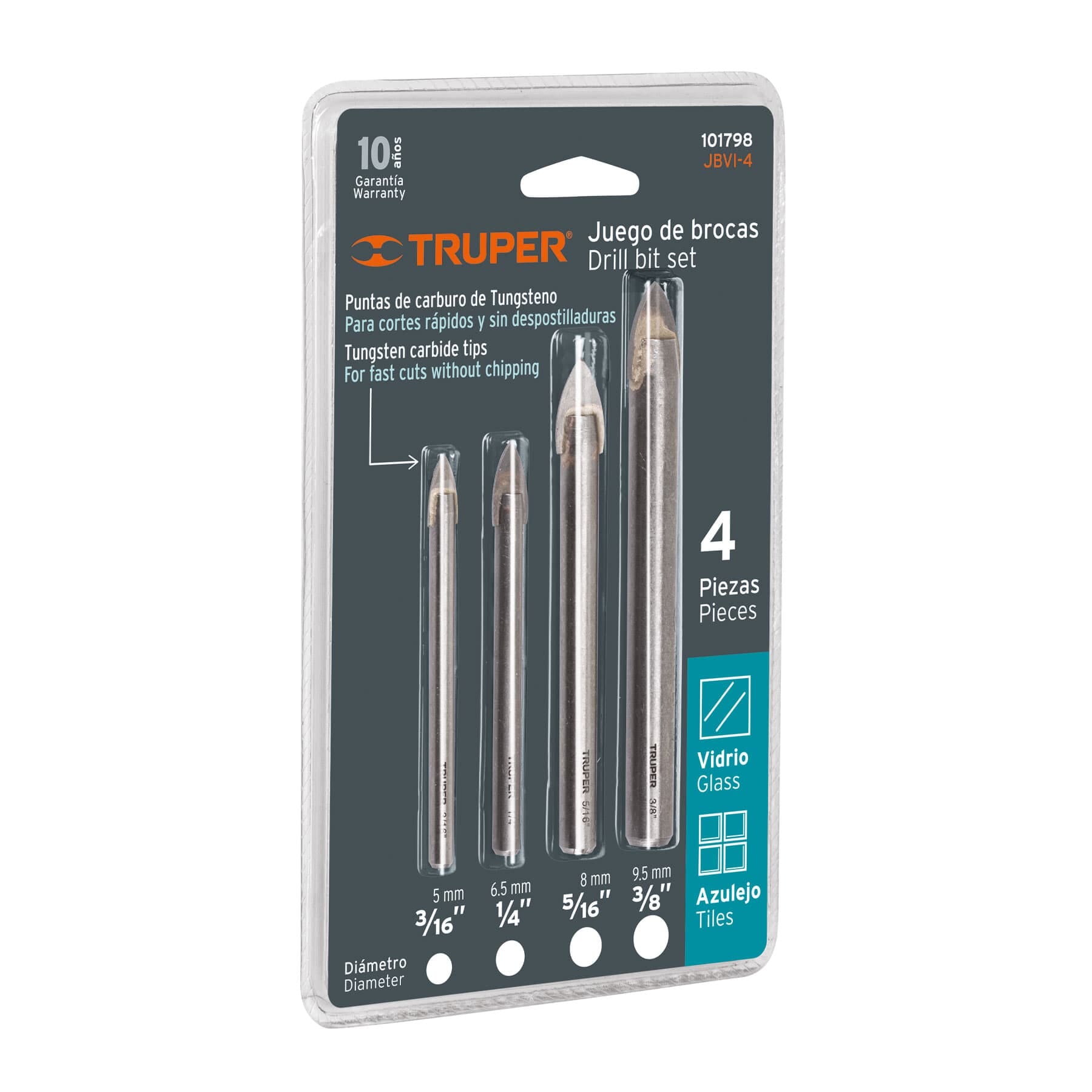 Truper Glass & Tile Drill Set 3/16",1/4",5/16",3/8 4 pce 1 Truper Glass & Tile Drill Set 3/16"