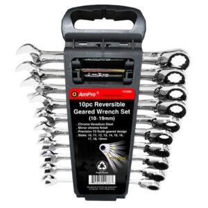 AmPro Reversible Geared Wrench Set Mirror Finish 72 Tooth 10pc 10-19mm